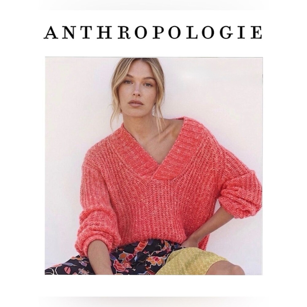 Anthropologie Honore Wool Blend Ribbed V-Neck Sweater Ballon Sleeves Red White S